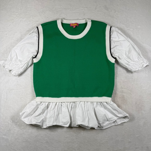 THML Tops - THML Green Knit Mixed Media Puff Sleeve Peplum Top WK0190-GN Small